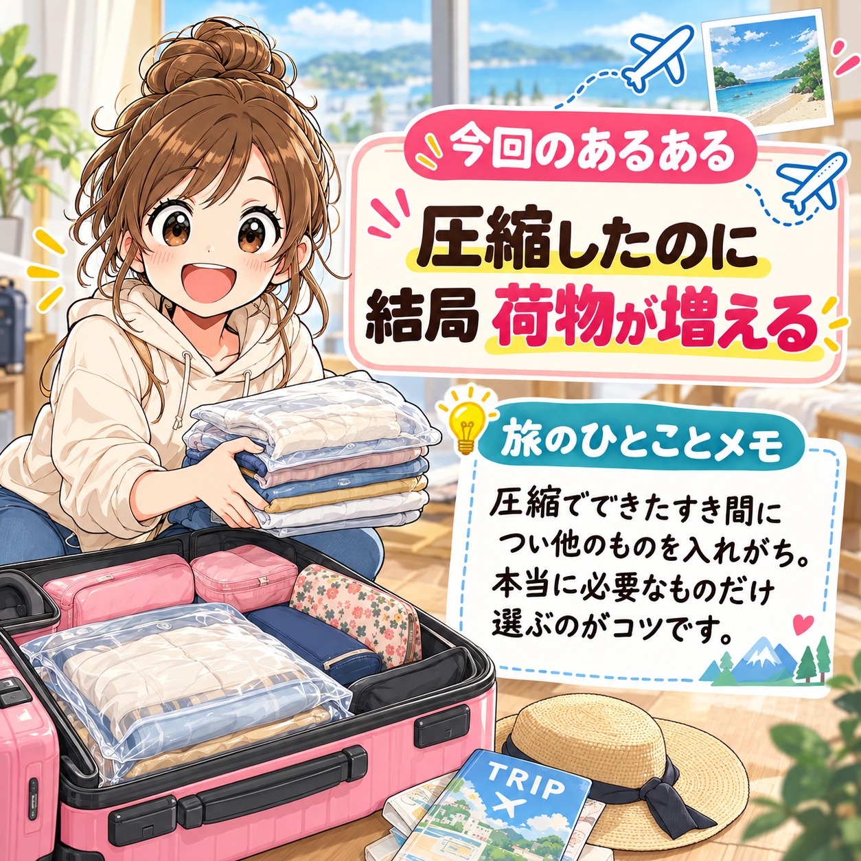 旅乃ちゃんの旅行あるある第14話「圧縮したら増えた」の最後ページ