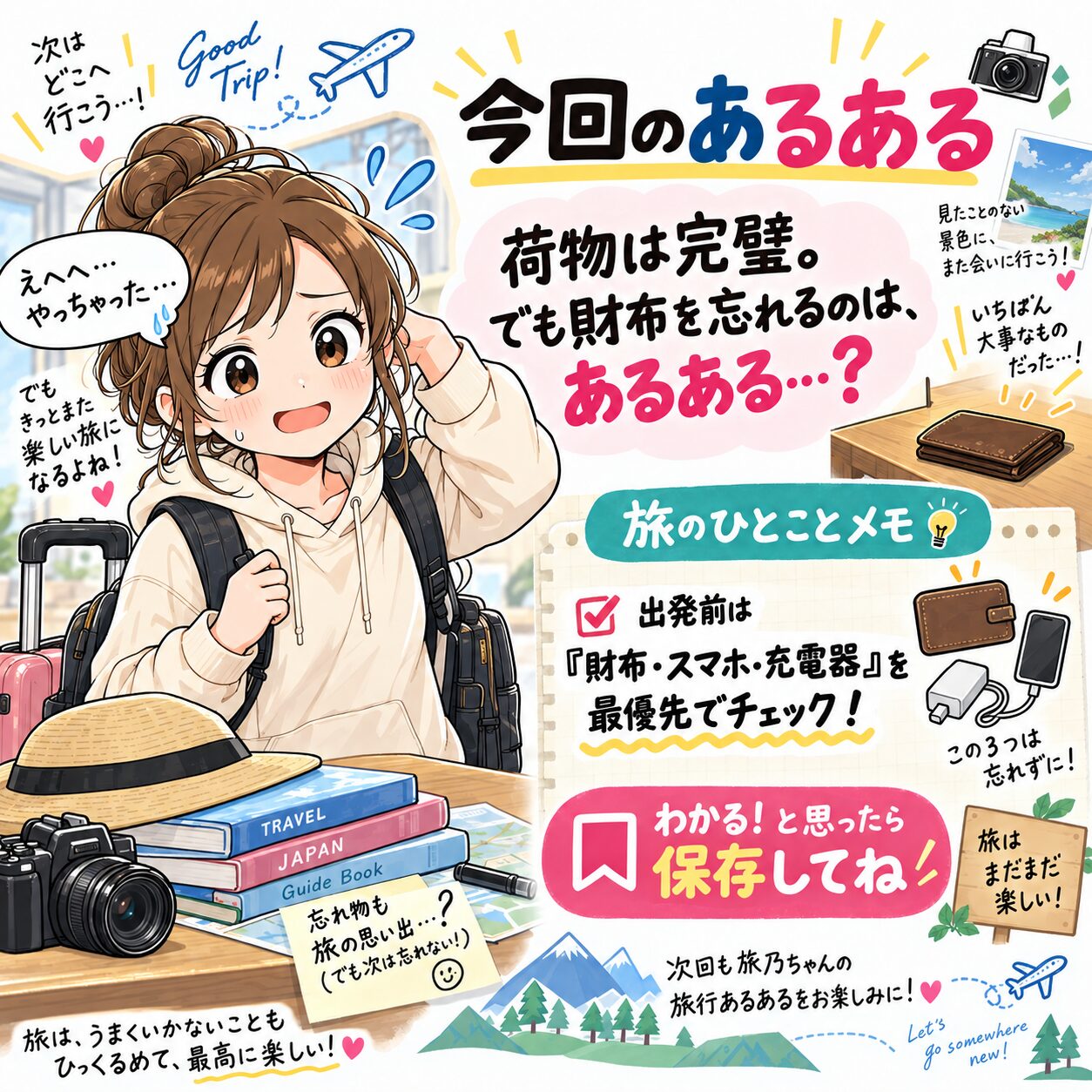 旅乃ちゃん第1話の旅行準備あるあると忘れ物対策をまとめた最後ページ