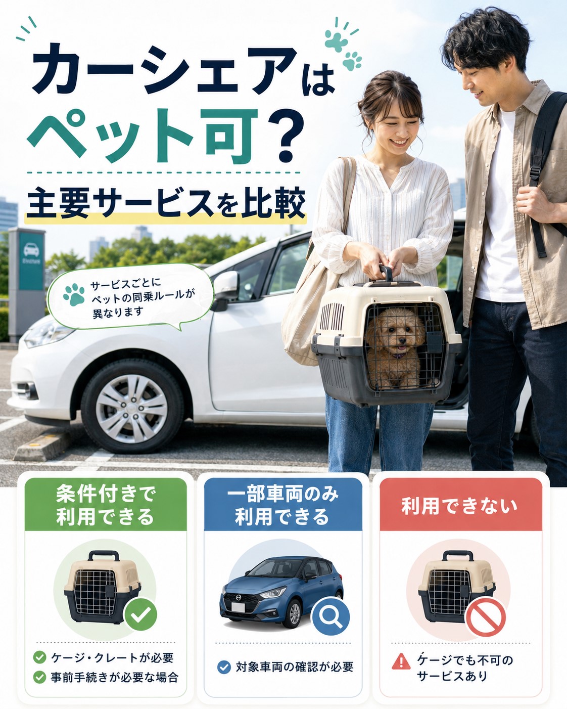 カーシェアはペット可？主要サービスを比較