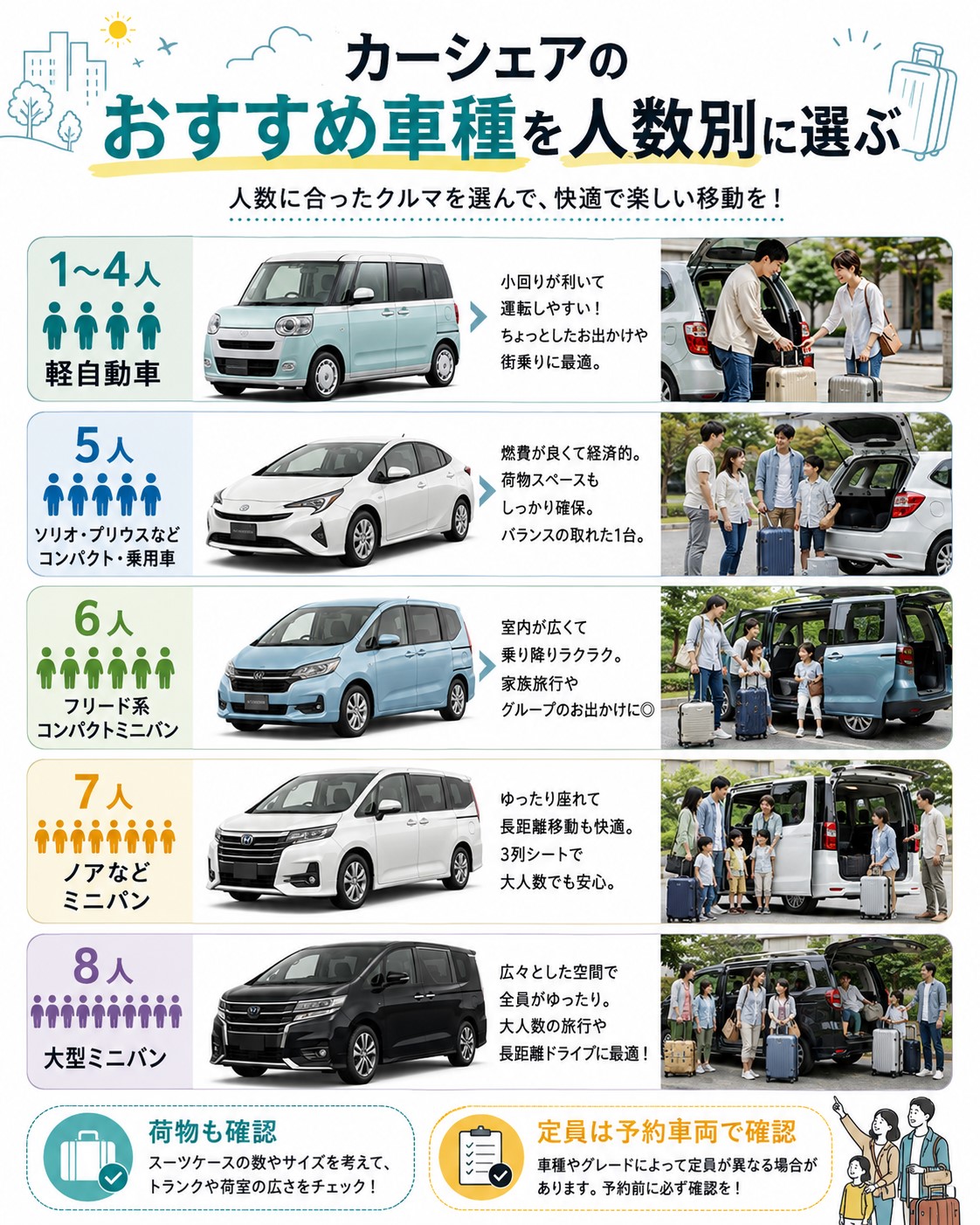 カーシェアのおすすめ車種を人数別に選ぶ