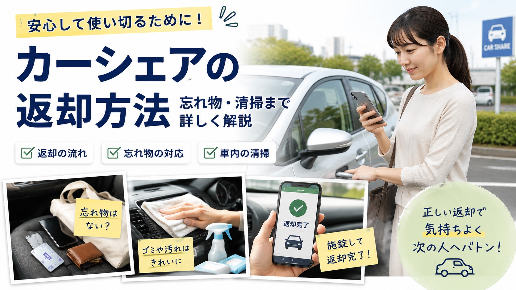 カーシェアの返却方法｜忘れ物の再解錠・清掃まで詳しく解説