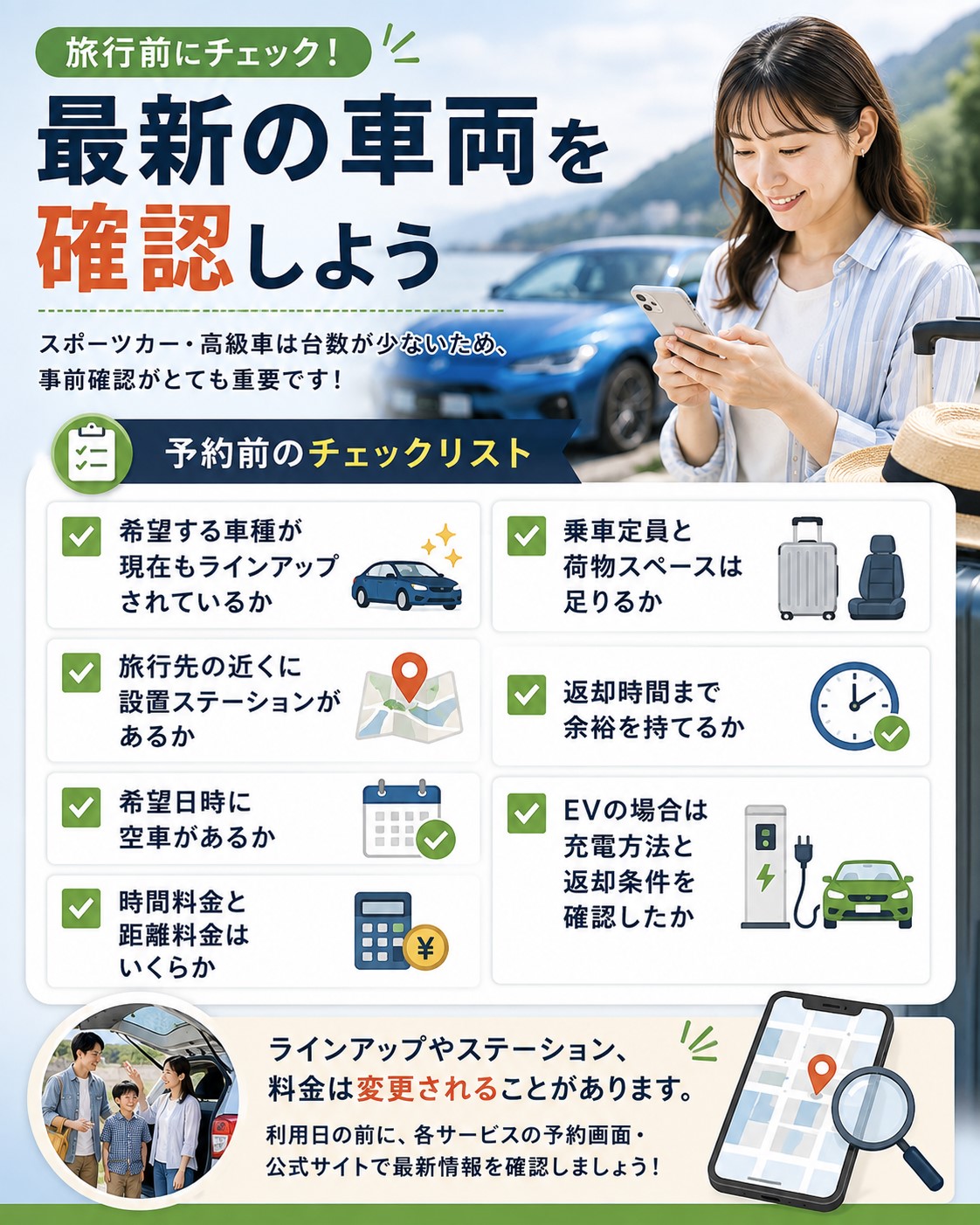 旅行前に最新の車両を確認する