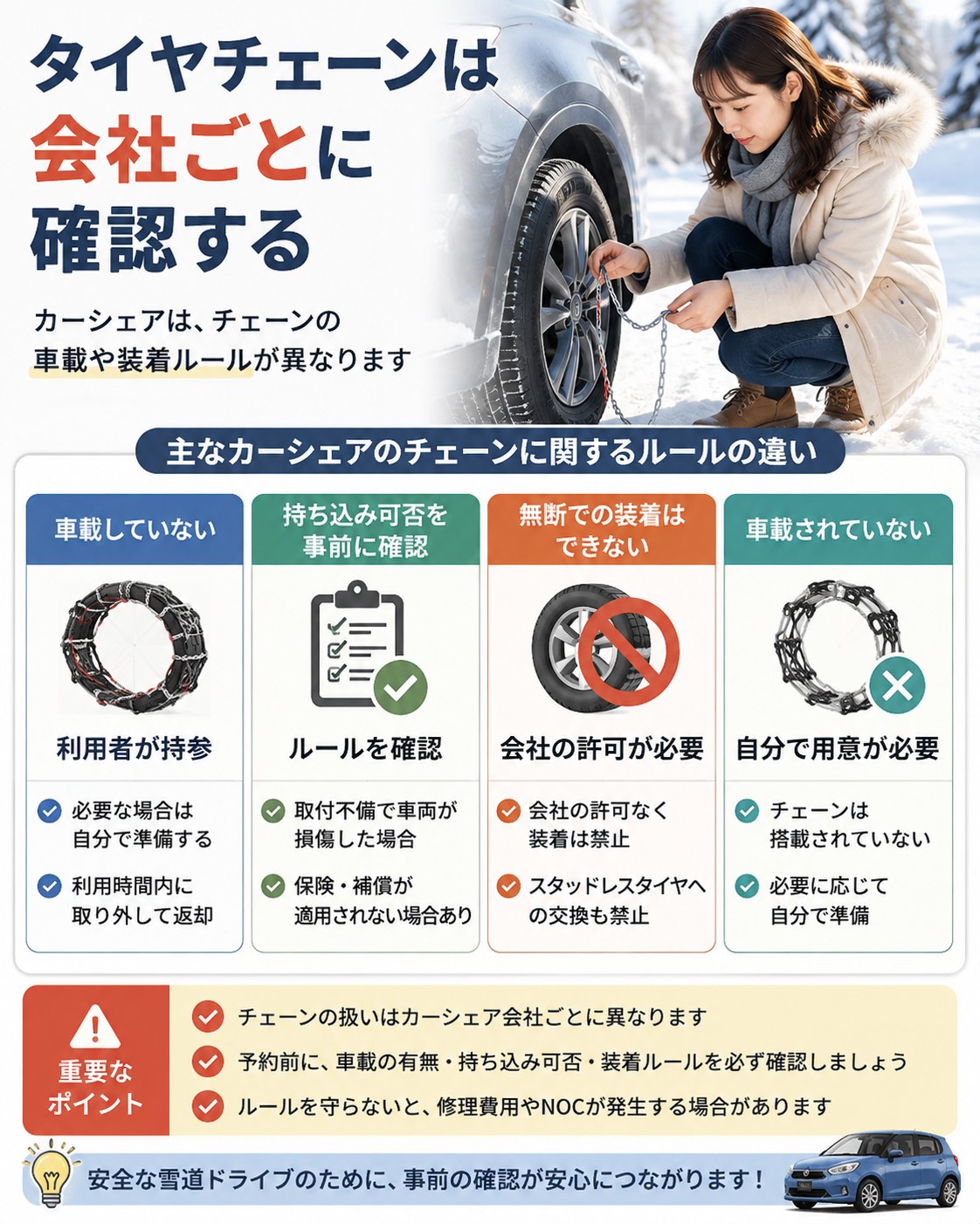 タイヤチェーンは会社ごとに確認する