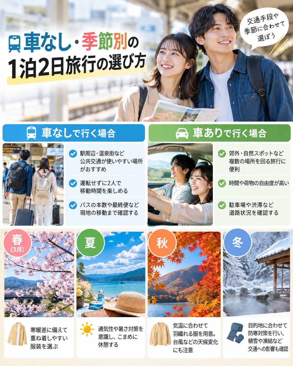 車なし・季節別の1泊2日旅行の選び方