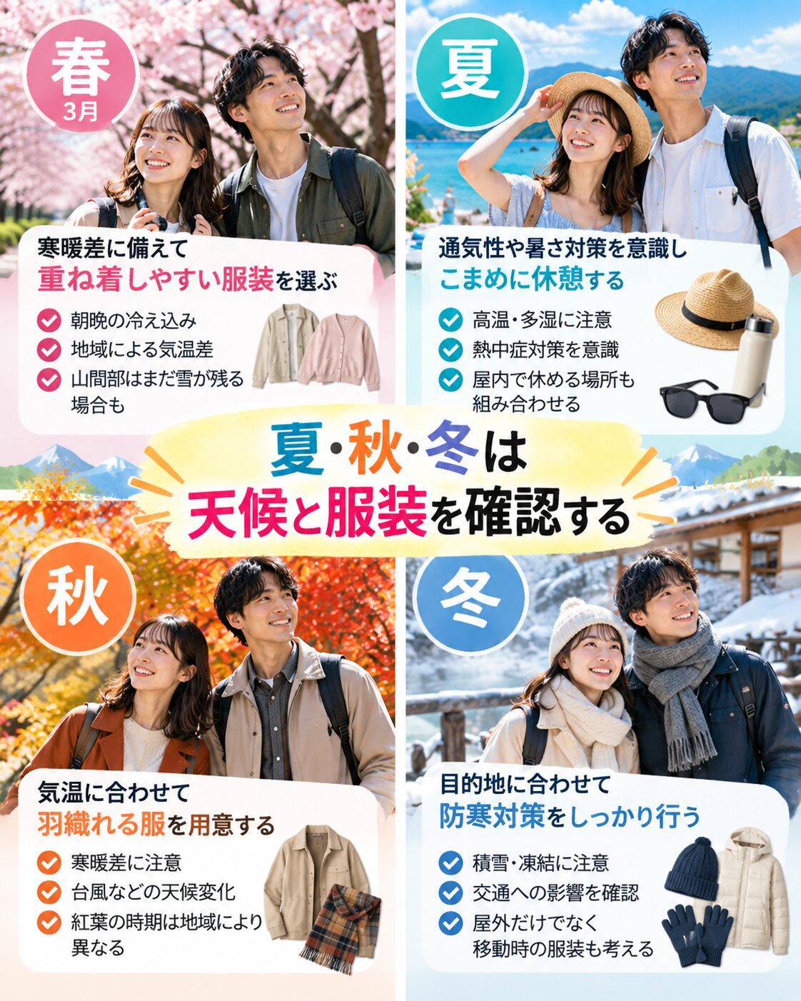 夏・秋・冬は天候と服装を確認する