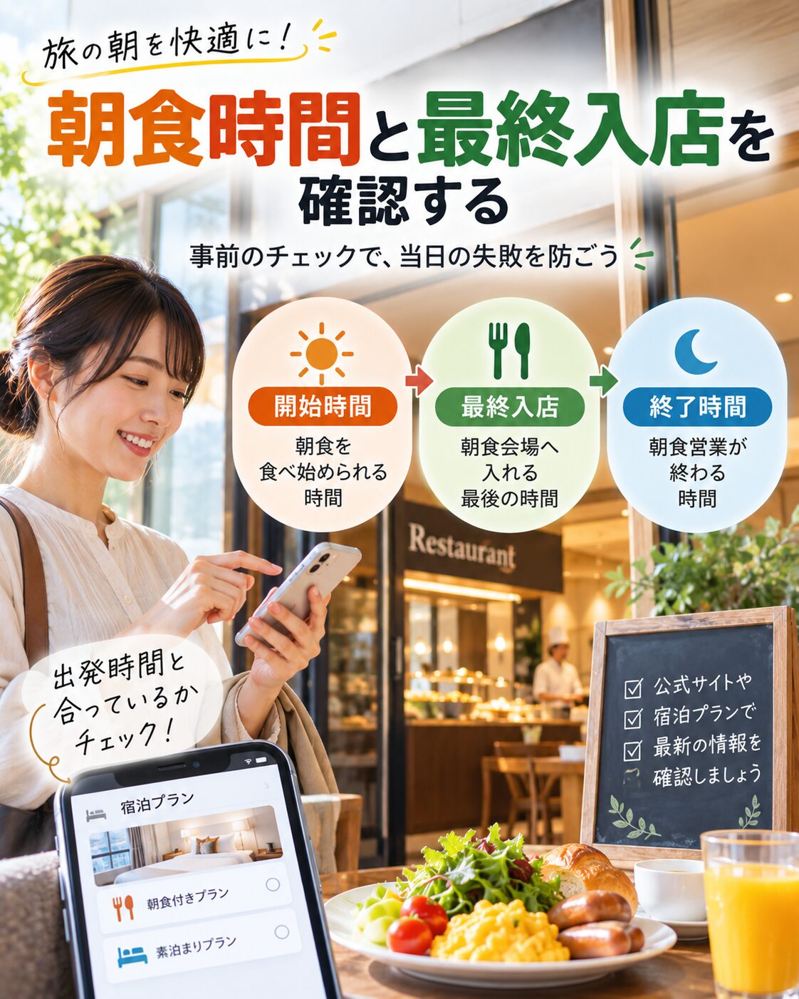 朝食時間と最終入店を確認する