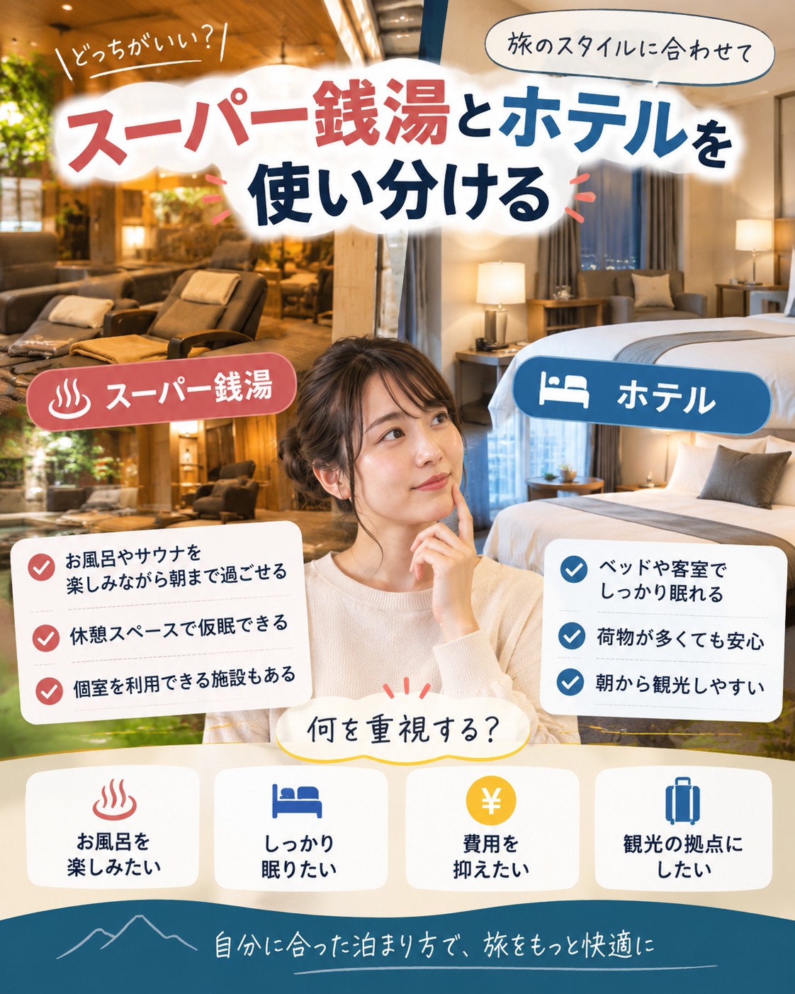 スーパー銭湯とホテルを使い分ける