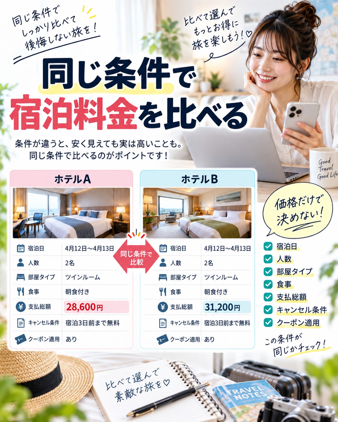 同じ条件で宿泊料金を比べる