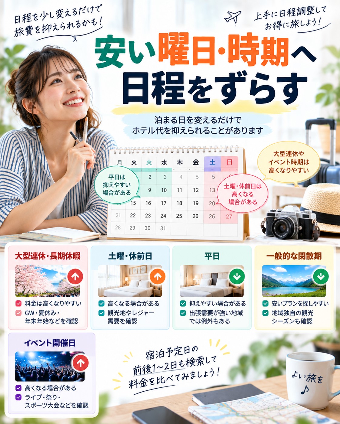 安い曜日・時期へ日程をずらす