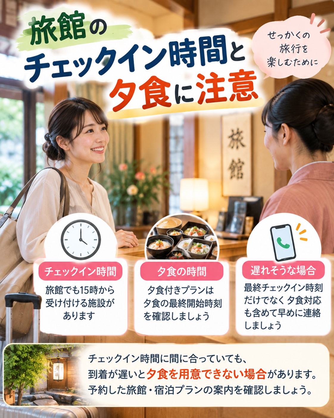 旅館のチェックイン時間と夕食に注意