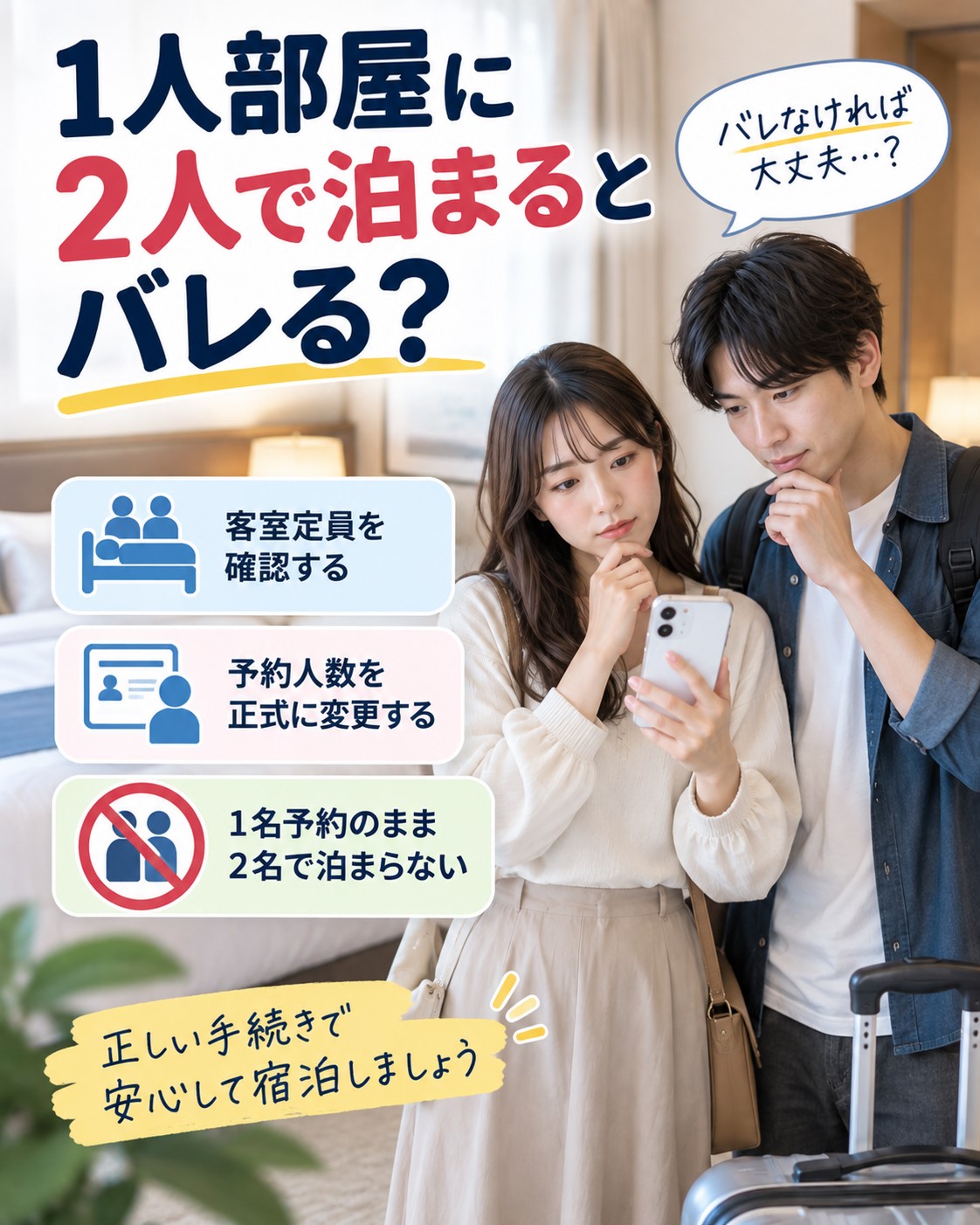 1人部屋に2人で泊まるとバレる？