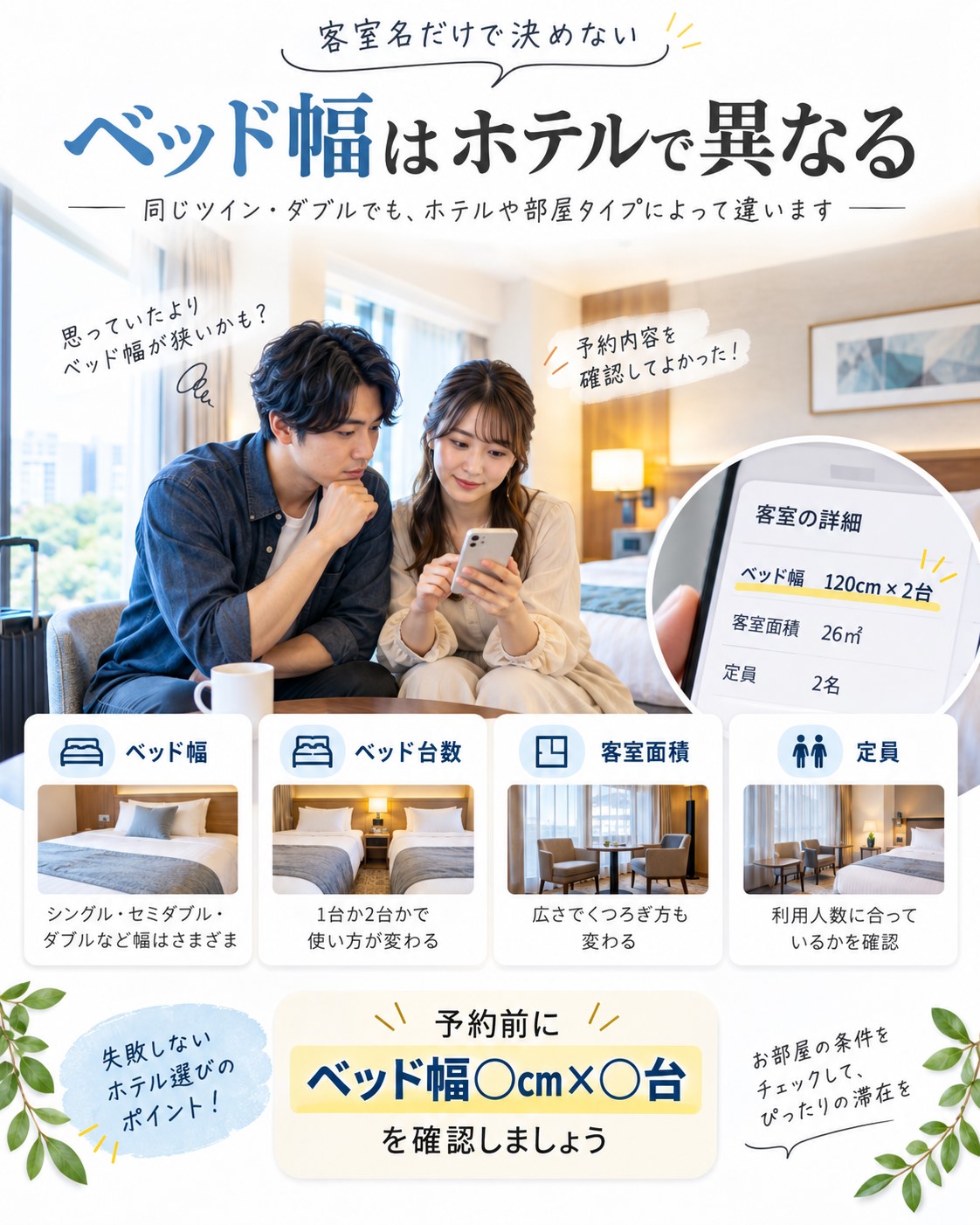ベッド幅はホテルで異なる