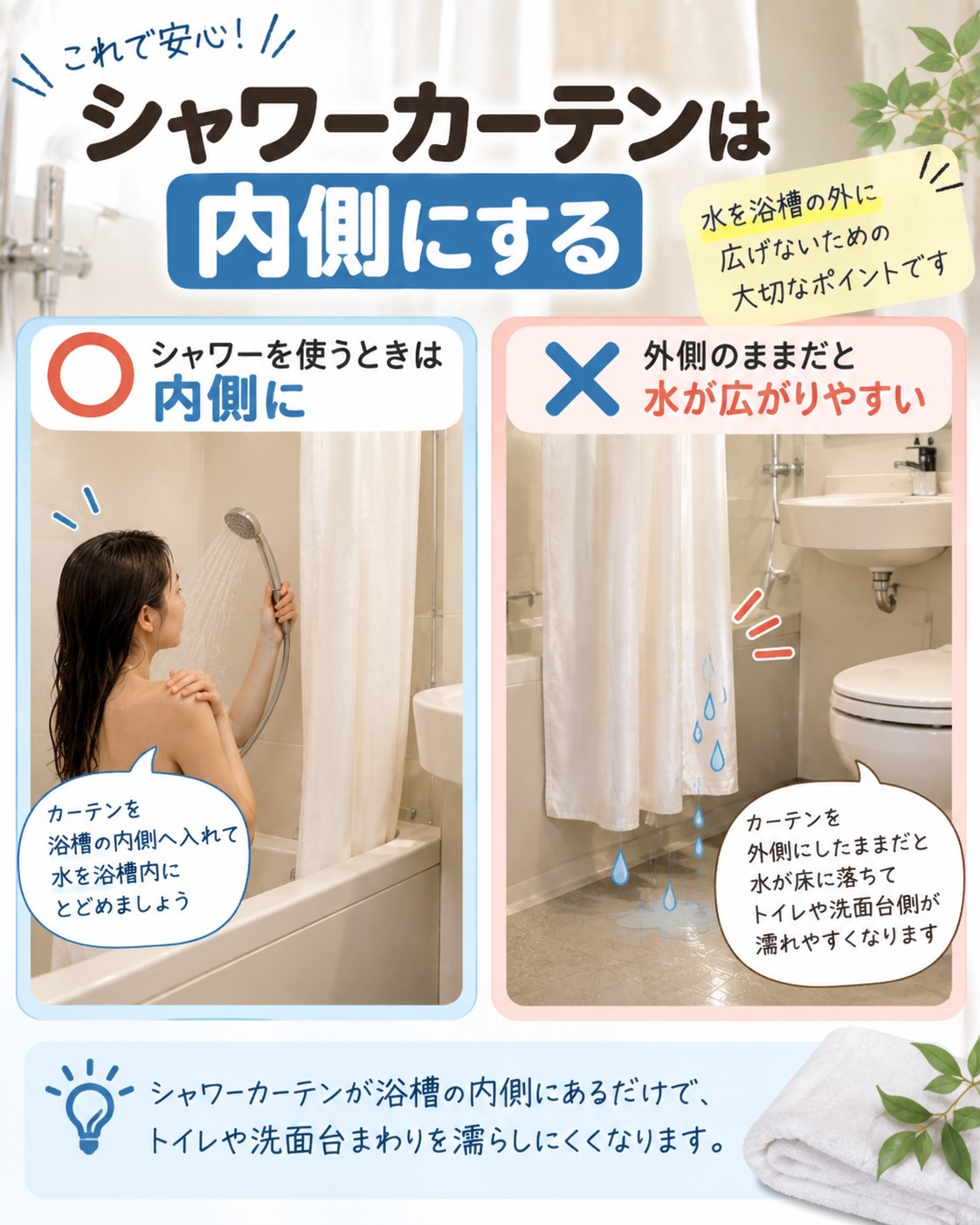 シャワーカーテンは内側にする
