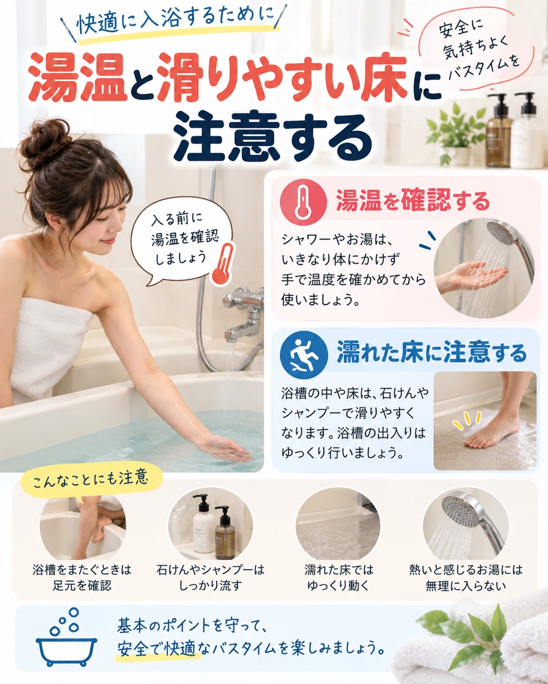 湯温と滑りやすい床に注意する