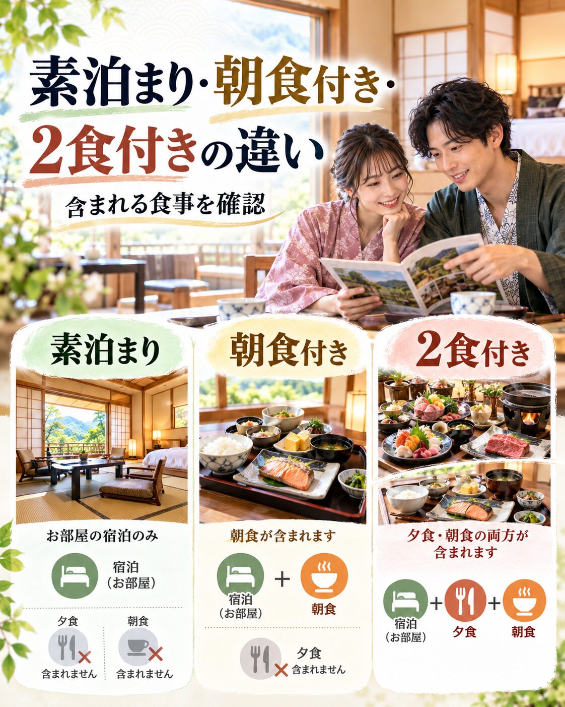 素泊まり・朝食付き・2食付きの違い