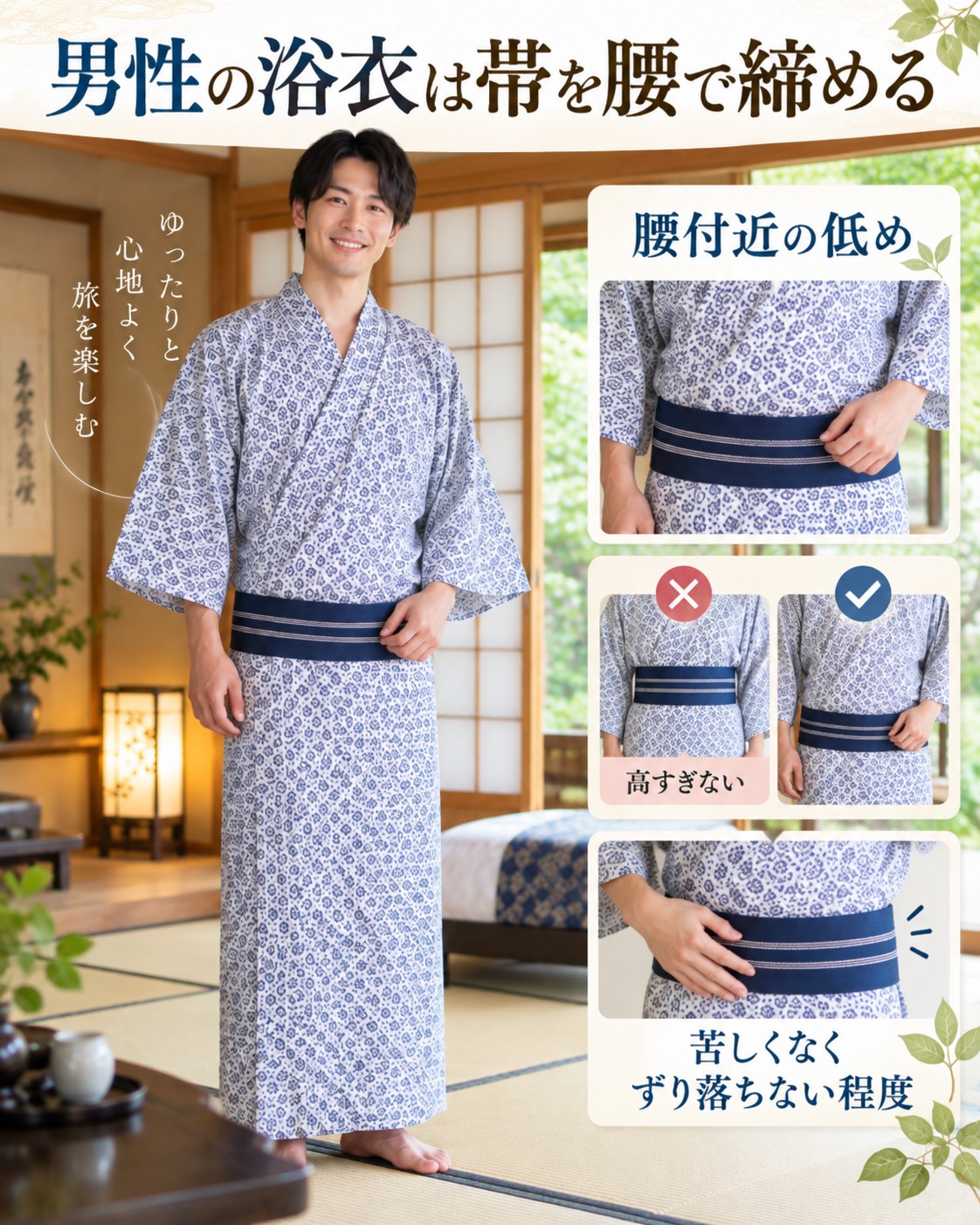 男性の浴衣は帯を腰で締める