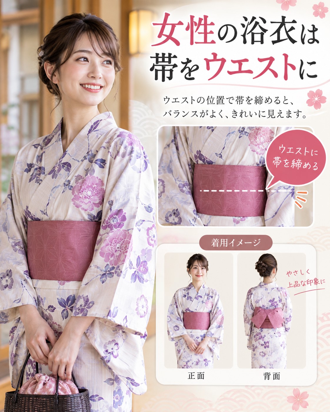 女性の浴衣は帯をウエストに