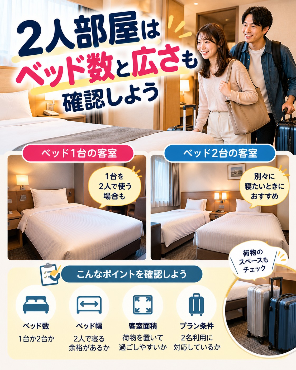 2人部屋はベッド数と広さも確認する