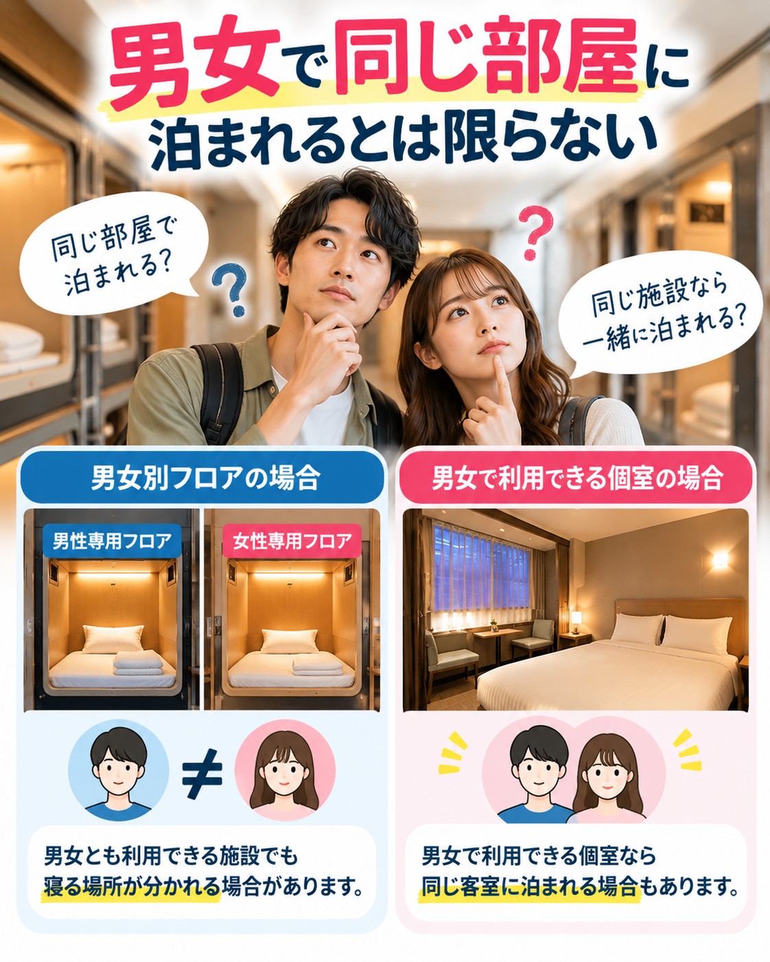 男女で同じ部屋に泊まれるとは限らない