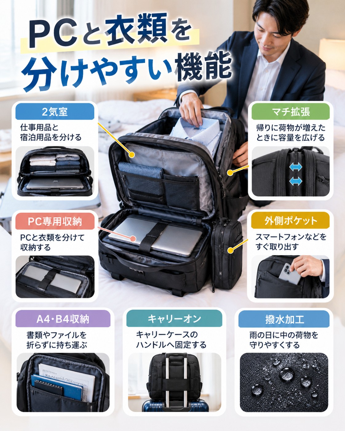 PCと衣類を分けやすい機能