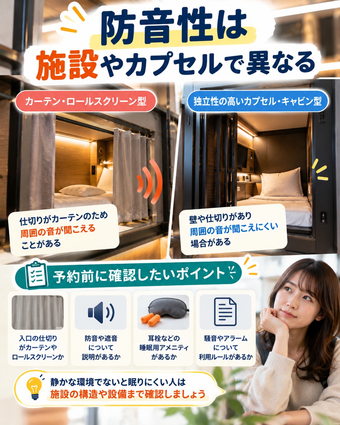 防音性は施設やカプセルで異なる
