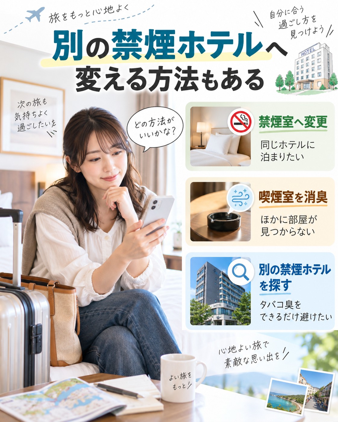 別の禁煙ホテルへ変える方法もある