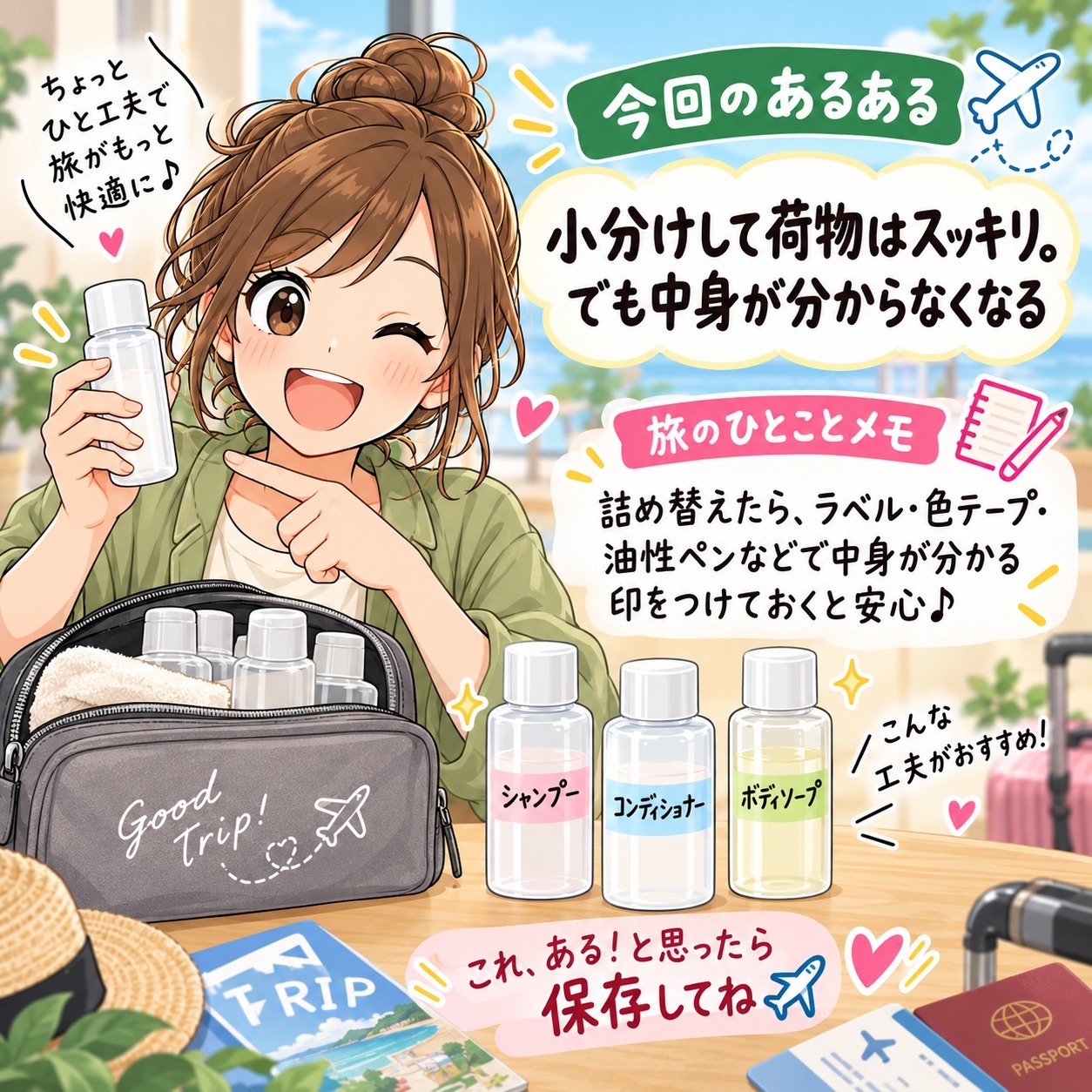 旅乃ちゃんの旅行あるある第11話「詰め替えたけど、どっち?」の最後ページ