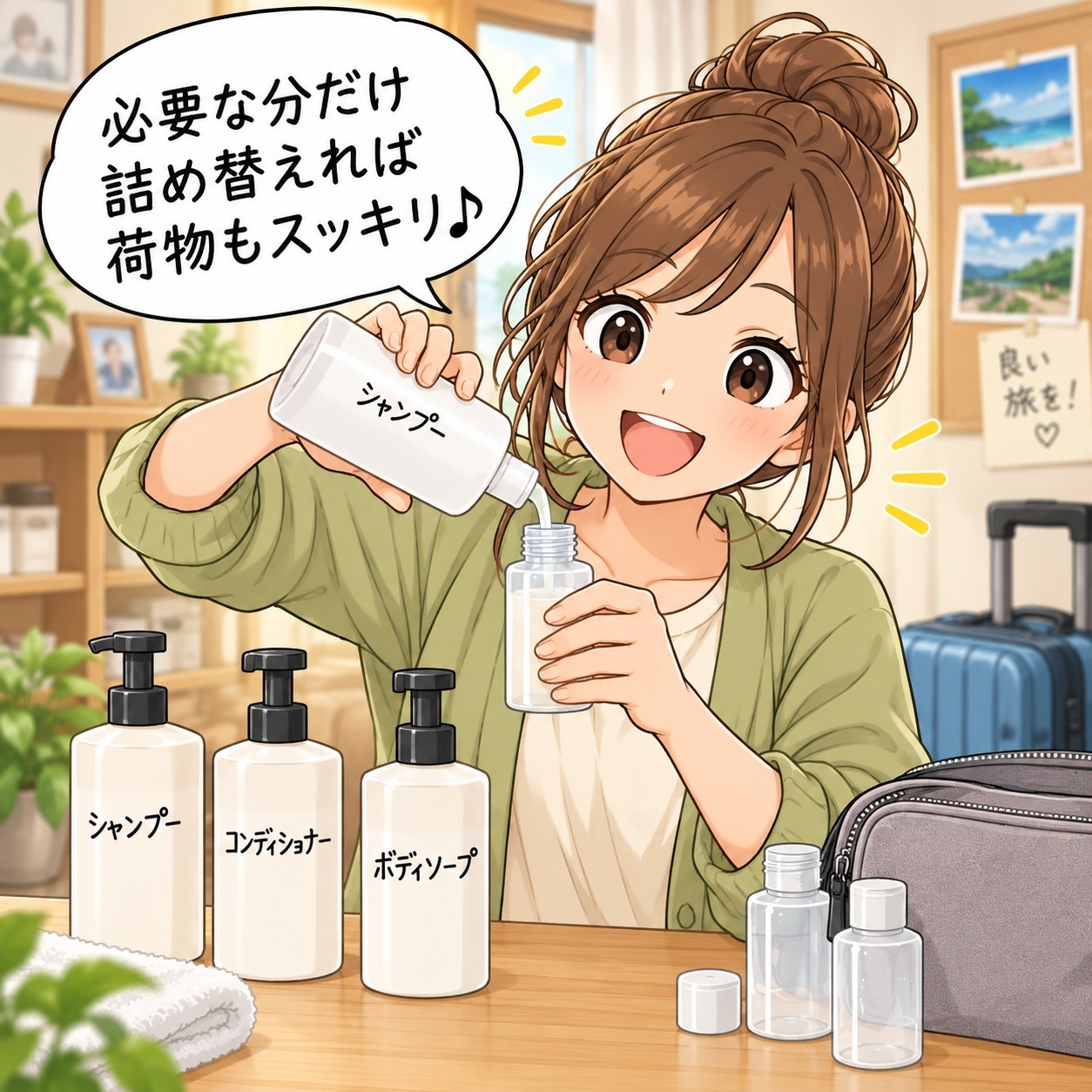 旅乃ちゃんの旅行あるある第11話「詰め替えたけど、どっち?」の1コマ目