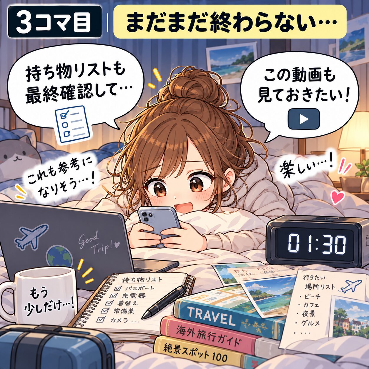 深夜1時30分になってもスマホで持ち物や旅行情報を確認し続ける旅乃ちゃん