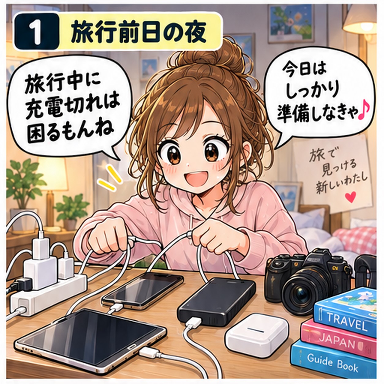 旅行前日の夜にスマホやモバイルバッテリーを充電して準備する旅乃ちゃん