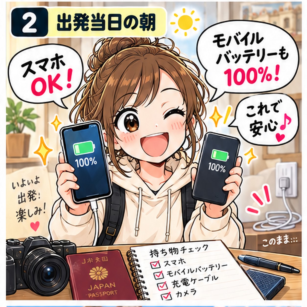 スマホとモバイルバッテリーが100％になったことを確認して安心する旅乃ちゃん