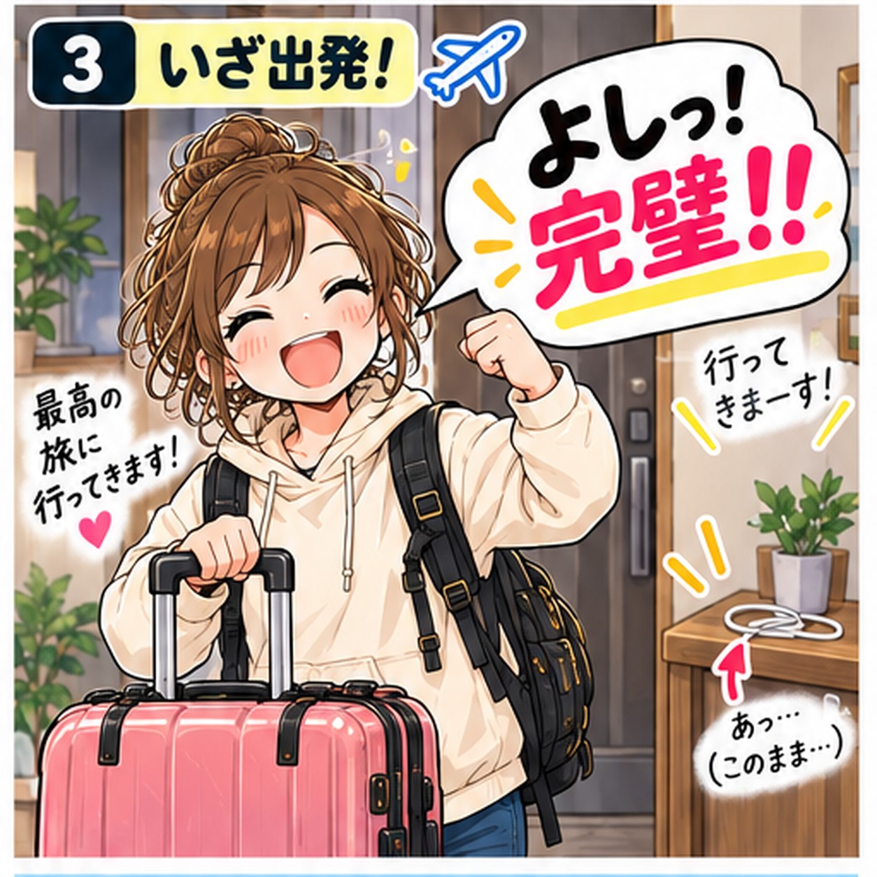 スーツケースを持って「よしっ！完璧！！」と元気に旅行へ出発する旅乃ちゃん