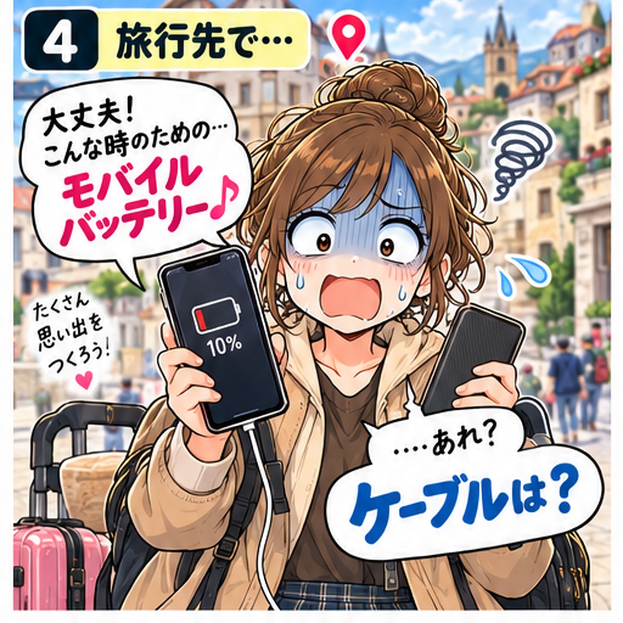旅行先でスマホの充電が減りモバイルバッテリーを出したものの充電ケーブルを忘れたことに気づく旅乃ちゃん