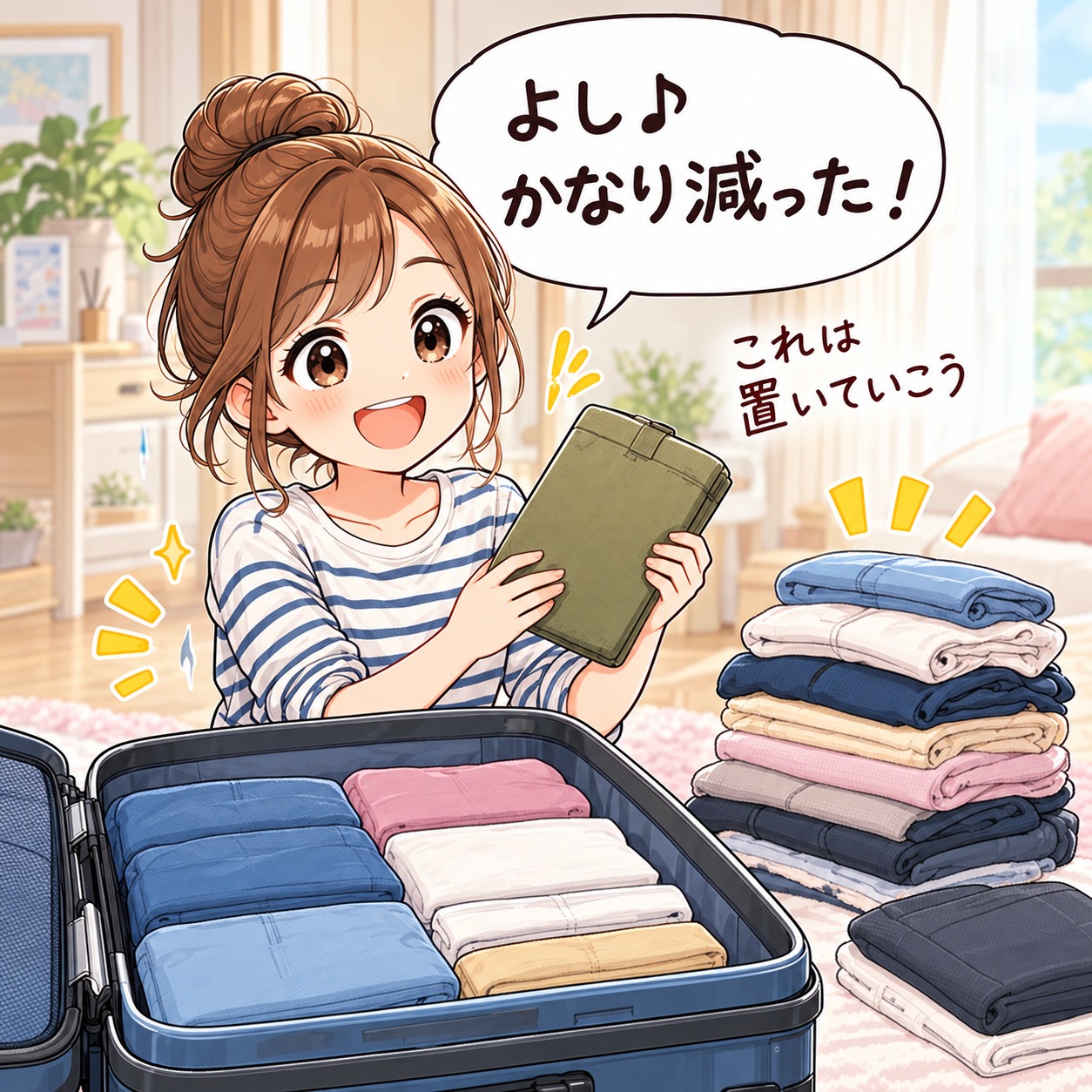 持っていく物を減らしてかなり荷物が減ったと喜ぶ旅乃ちゃん