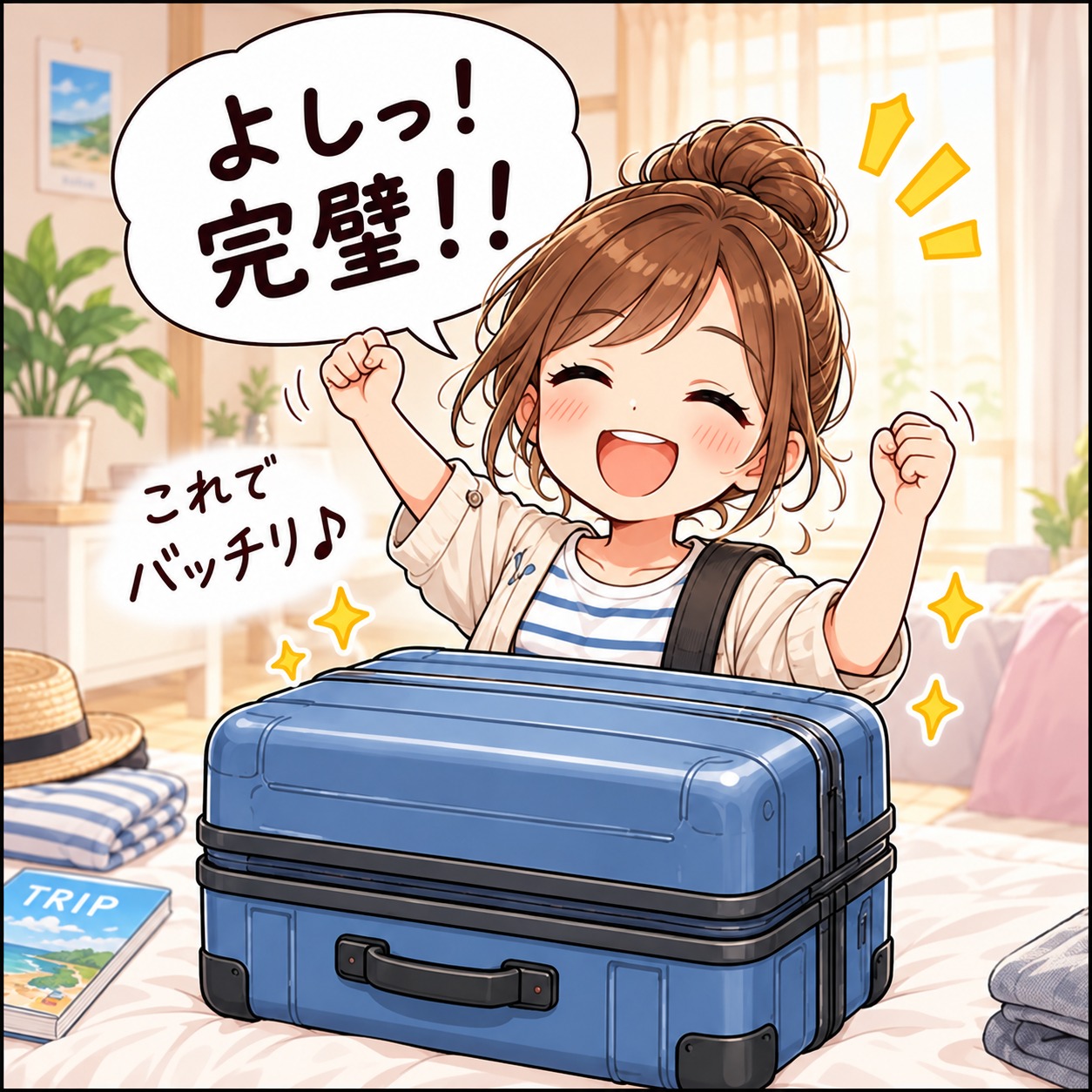 閉じたスーツケースの前で「よしっ！完璧！！」と喜ぶ旅乃ちゃん