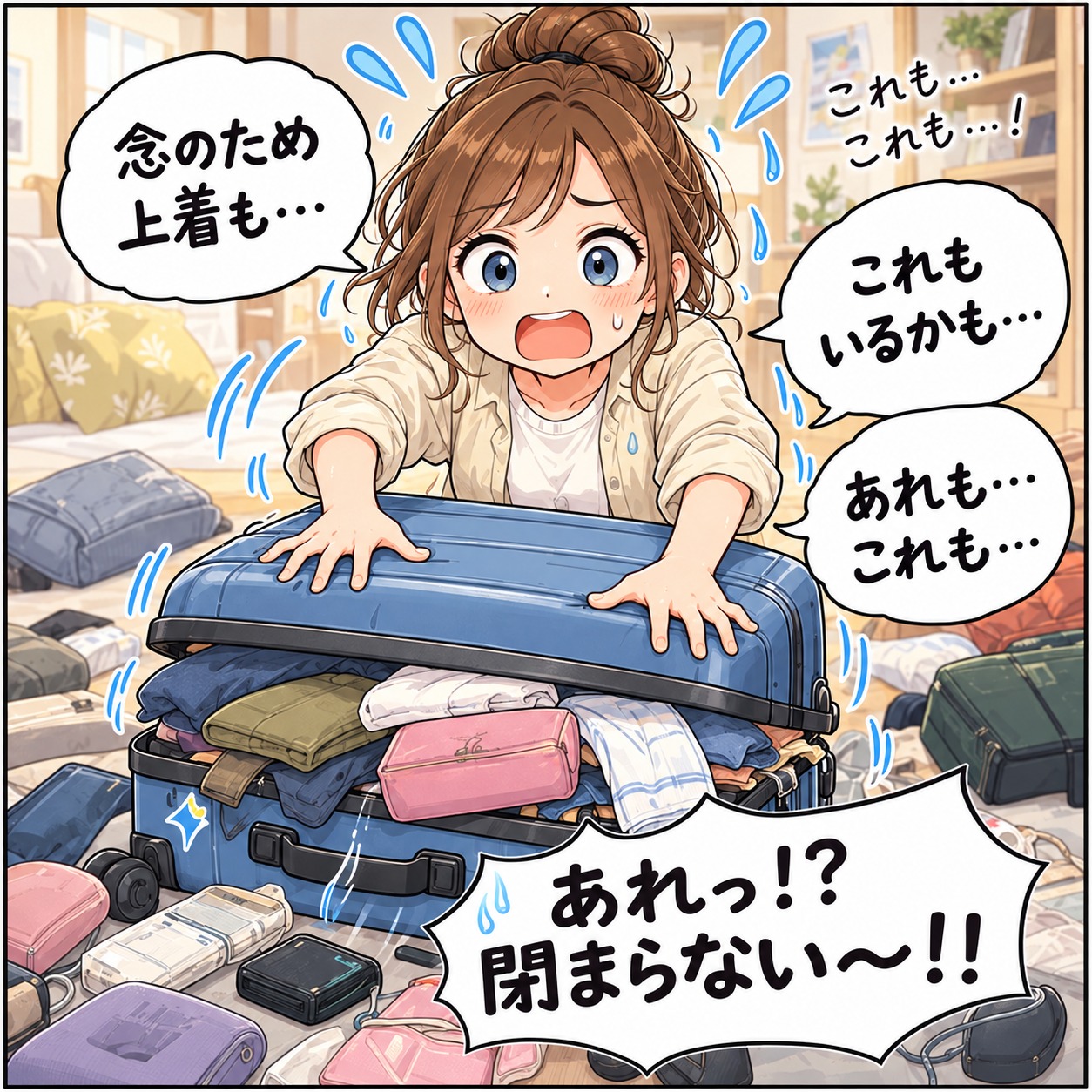 念のために荷物を追加しすぎてスーツケースが閉まらず焦る旅乃ちゃん