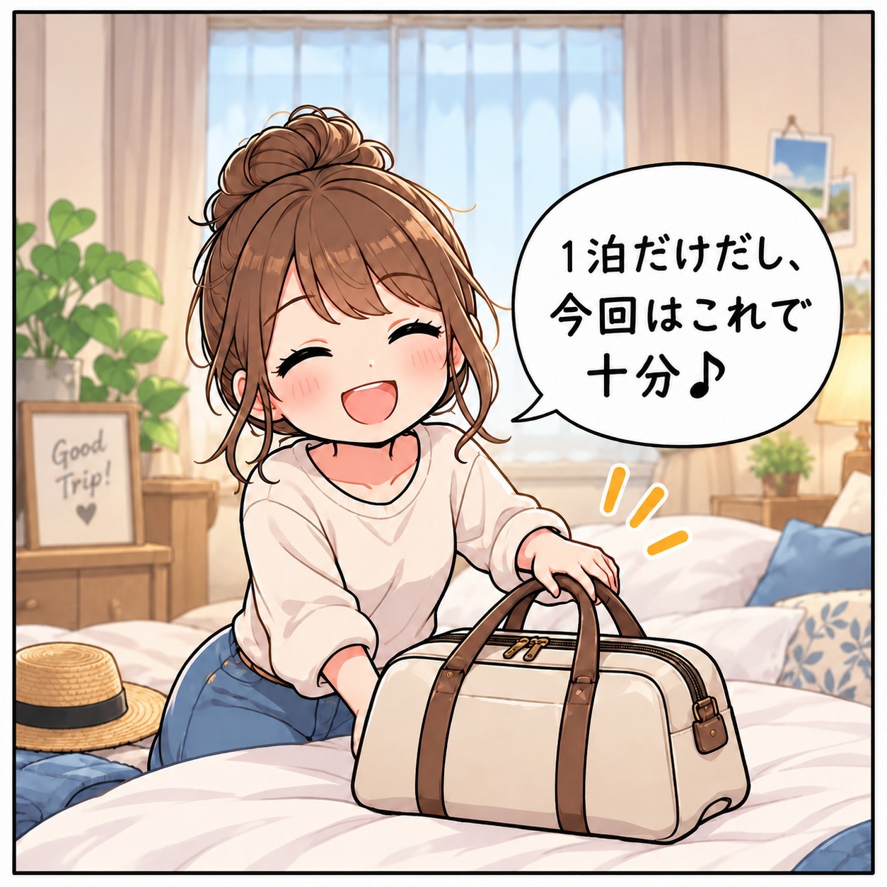 旅乃ちゃんの旅行あるある第5話「1泊だけなのに」の1コマ目