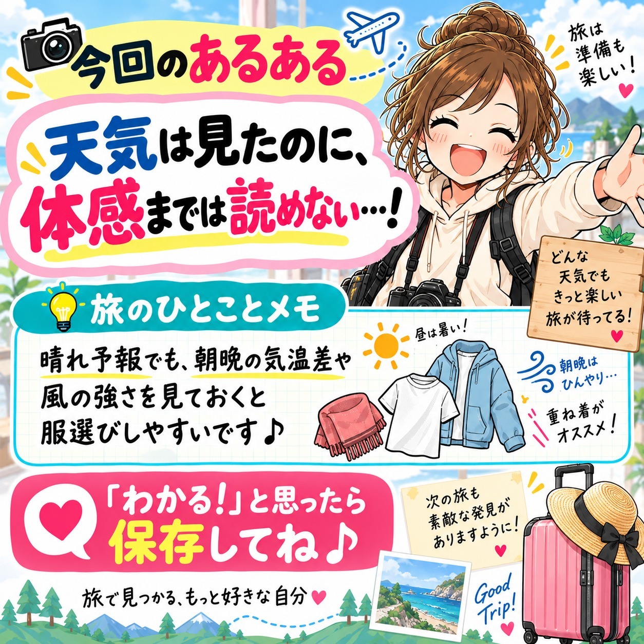 旅乃ちゃんの旅行あるある第6話「天気は見たのに」の最後ページ