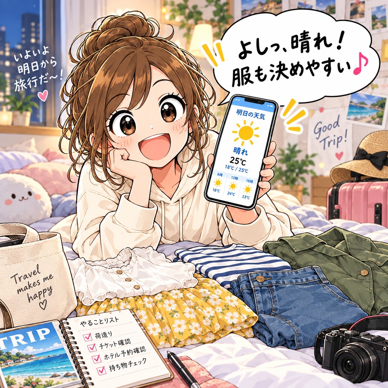 旅乃ちゃんの旅行あるある第6話「天気は見たのに」の1コマ目