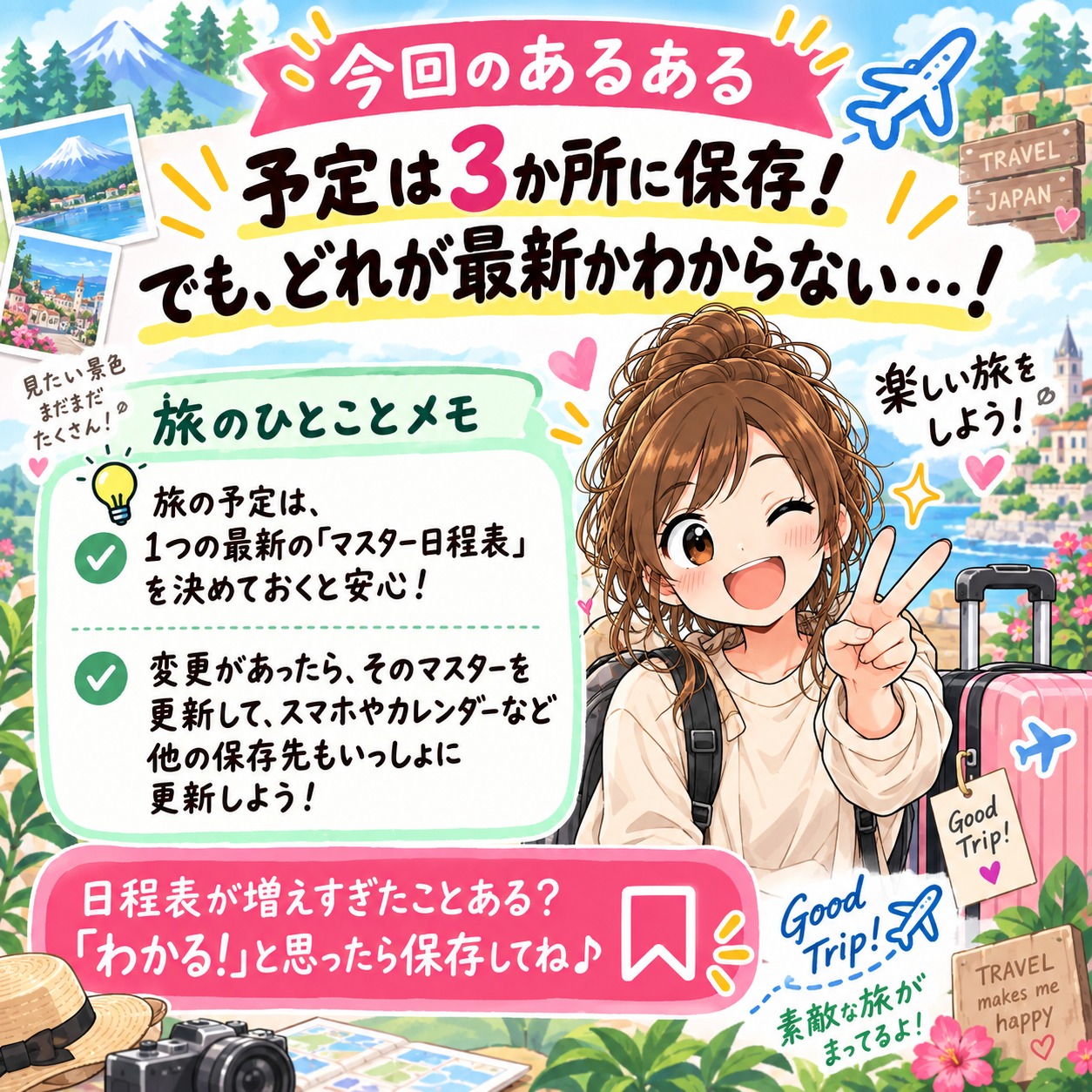 旅乃ちゃんの旅行あるある第9話「日程表が3つある」の最後ページ