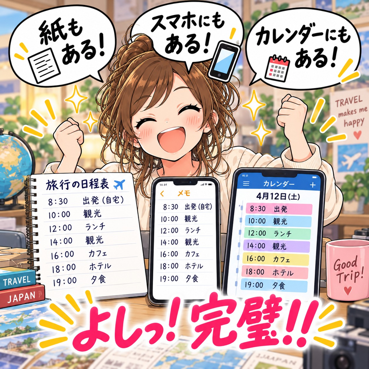 旅乃ちゃんの旅行あるある第9話「日程表が3つある」の3コマ目