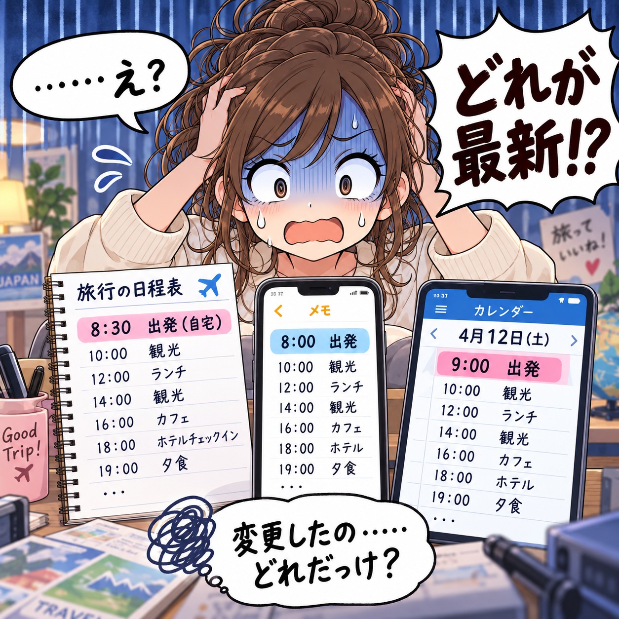 旅乃ちゃんの旅行あるある第9話「日程表が3つある」の4コマ目