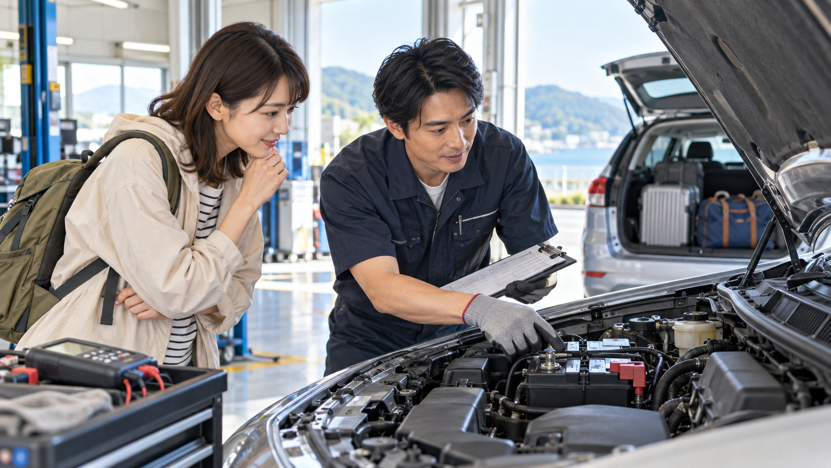 車のバッテリーの交換時期を検討するため、整備士が点検記録を見ながらエンジンルームの状態を説明する様子