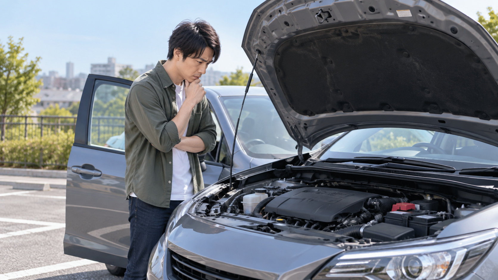 エンジンがかからない車のボンネットを開け、運転者がエンジンルームを見て原因を考えている様子