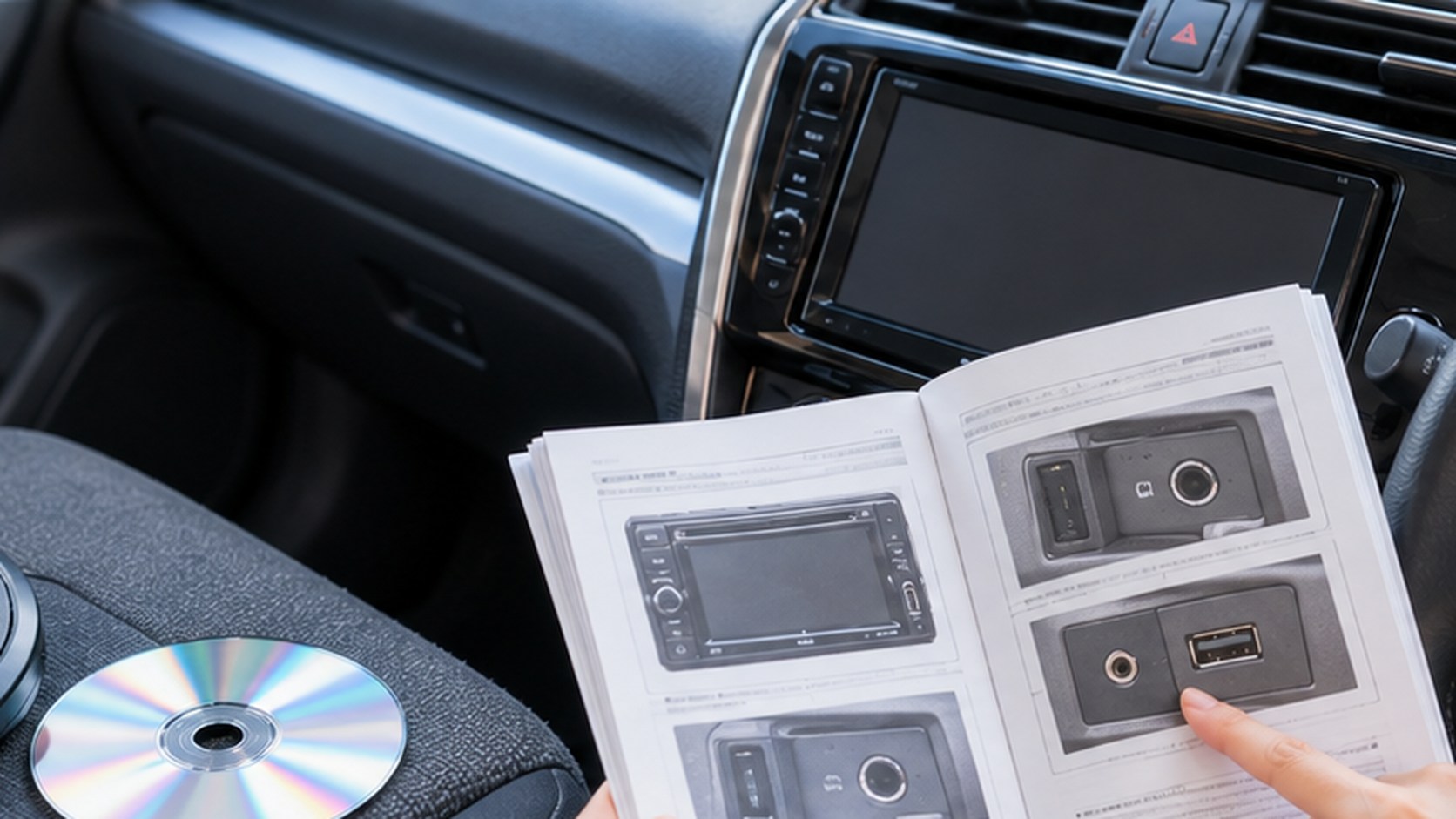CDを再生できない車で使える方法を調べるため、車載機の説明書を開いて入力端子を確認する様子