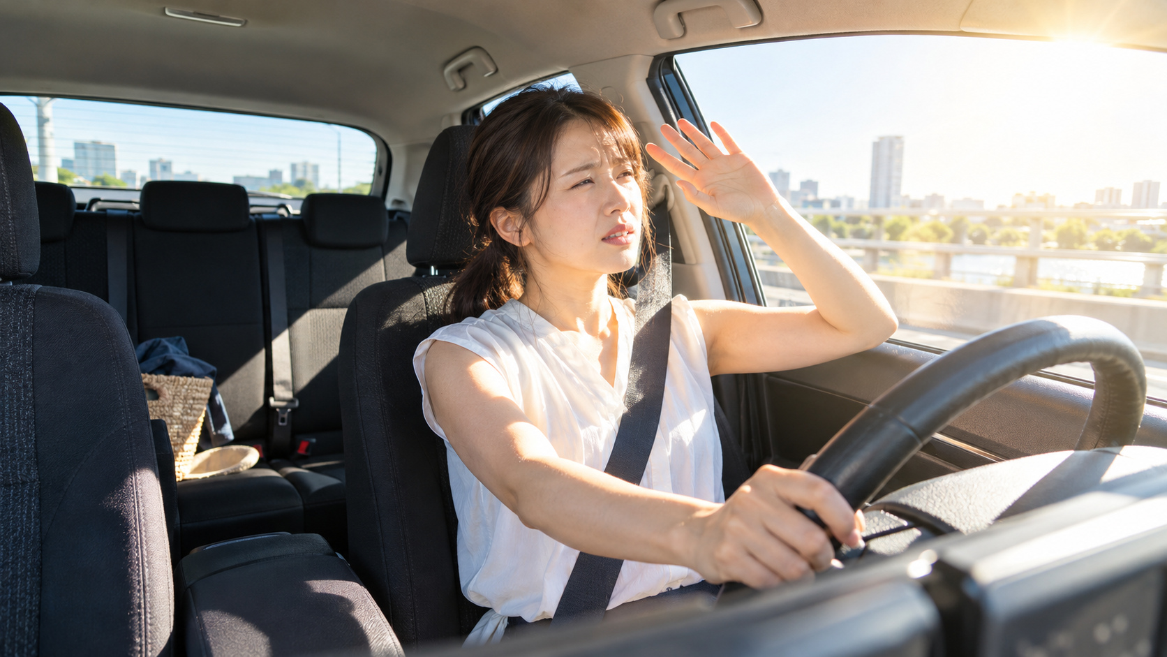 運転中に窓から入る強い日差しを手で遮る様子から、車の窓際の暑さ対策を考える場面