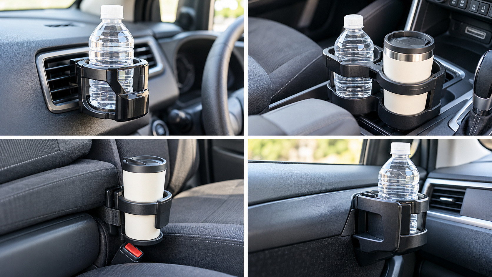 エアコン吹出口、純正カップホルダー、シートのすき間など、車内の異なる場所にドリンクホルダーを設置した様子