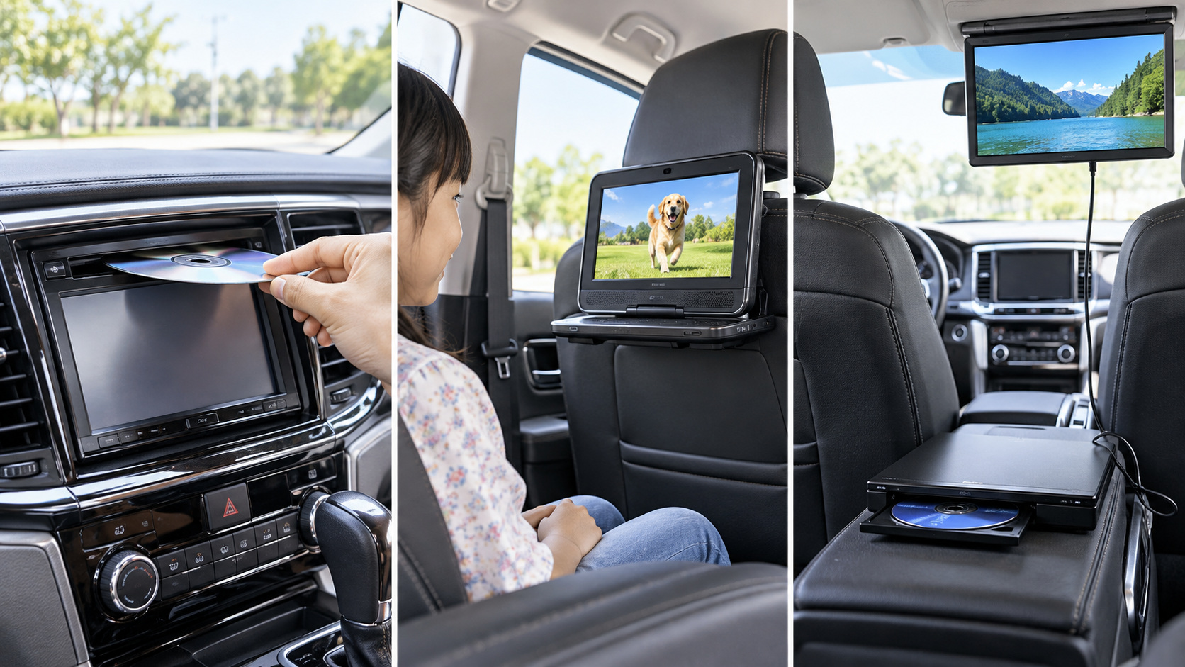 カーナビ内蔵のディスク再生、後席の画面付きプレーヤー、外付け再生機と車内モニターを使う3つの視聴方法を並べた比較