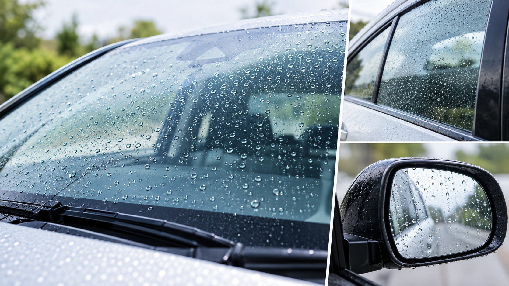 フロントガラス、サイドガラス、ドアミラーに付いた雨粒を並べ、場所に応じた撥水対策を考えるための比較