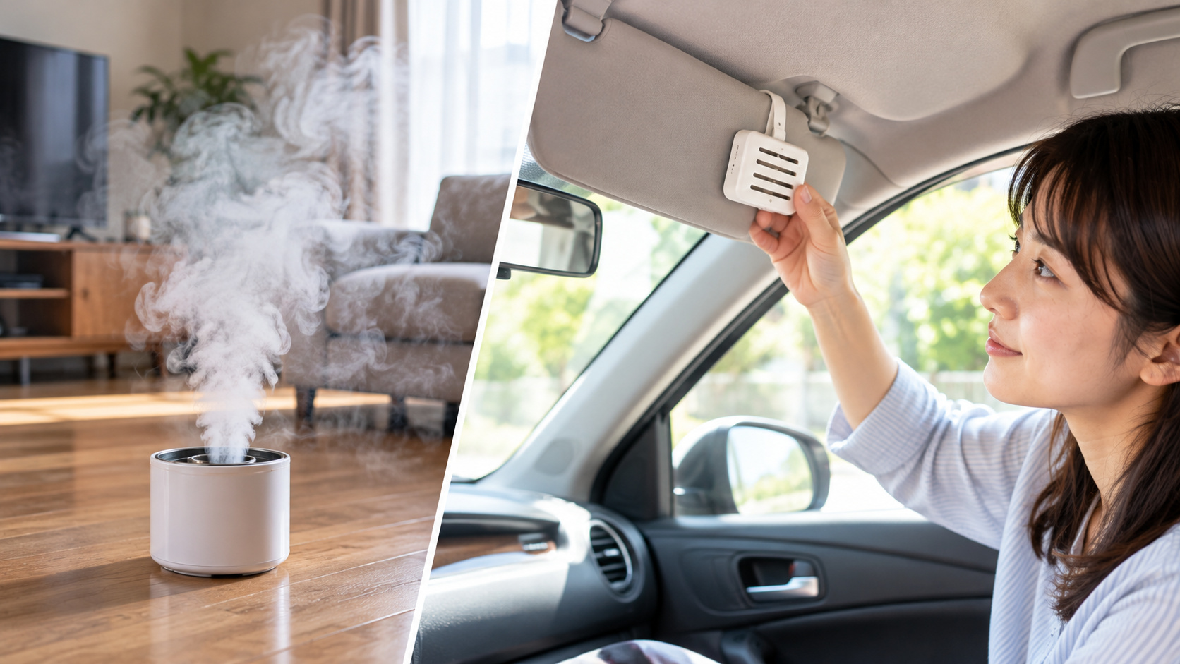 家庭用くん煙剤を室内で使用する場面と、車内にサンバイザー式虫よけを取り付ける場面の比較